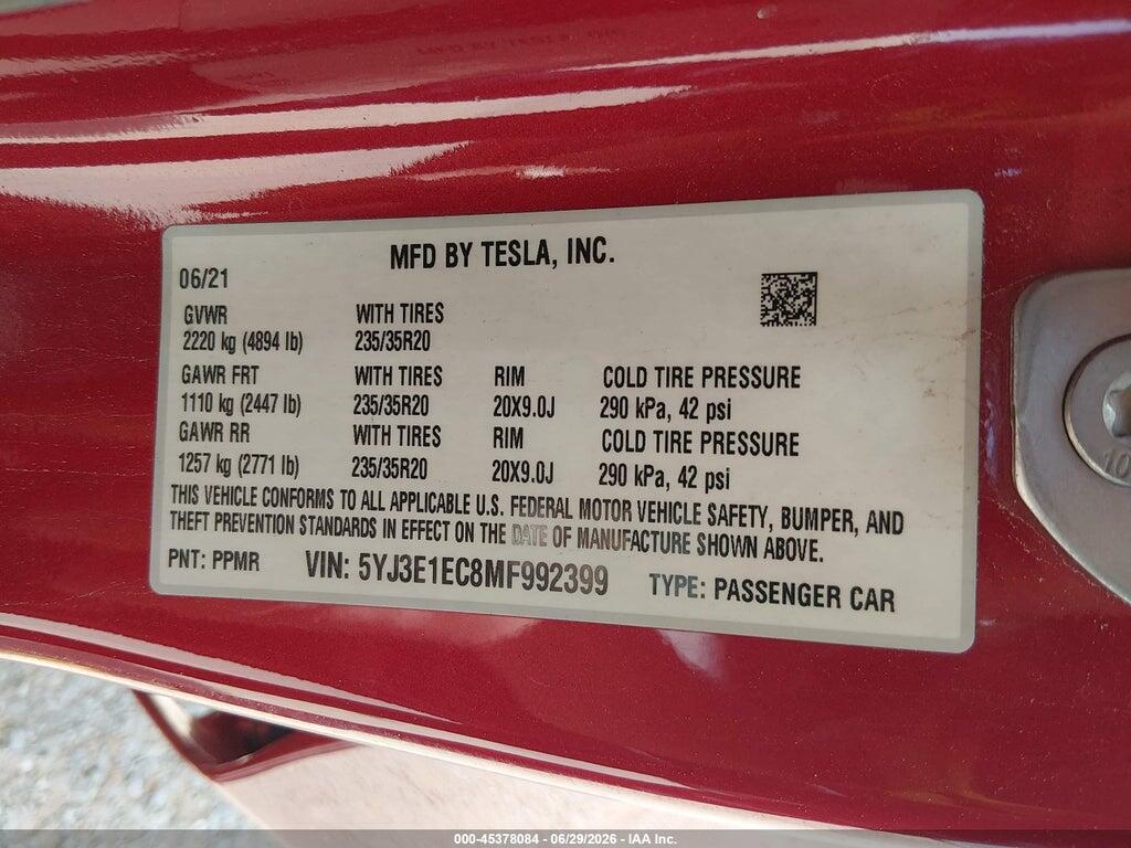 5YJ3E1EC8MF992399 2021 TESLA MODEL 3 photo no. 9