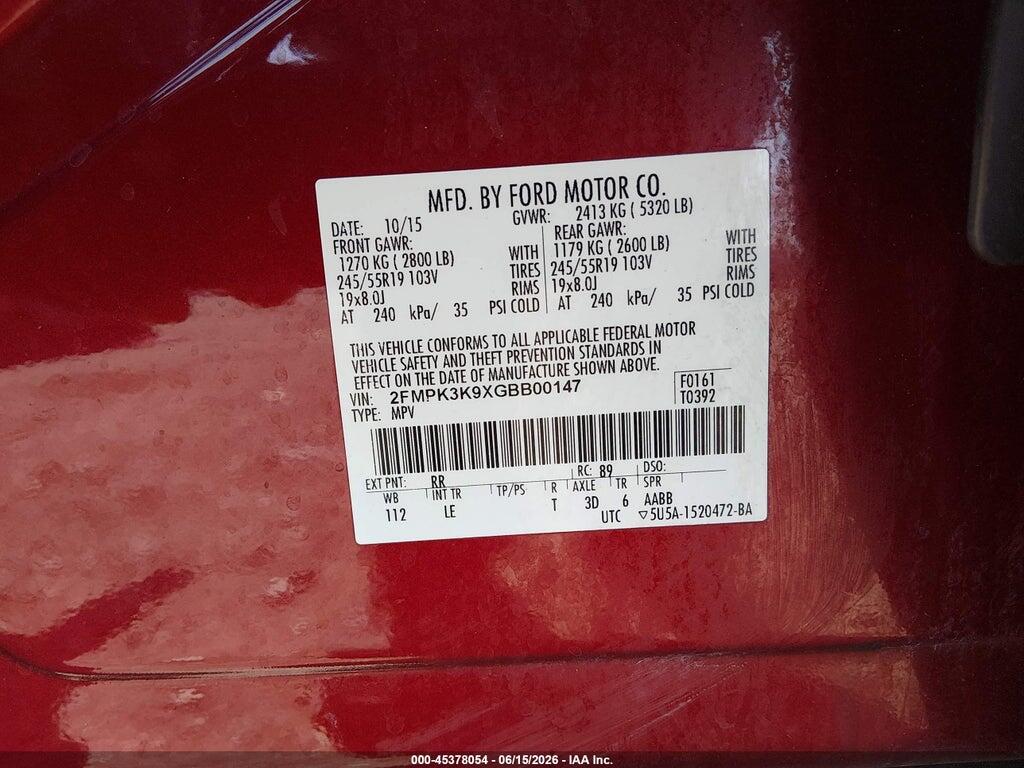 2FMPK3K9XGBB00147 2016 FORD EDGE photo no. 9