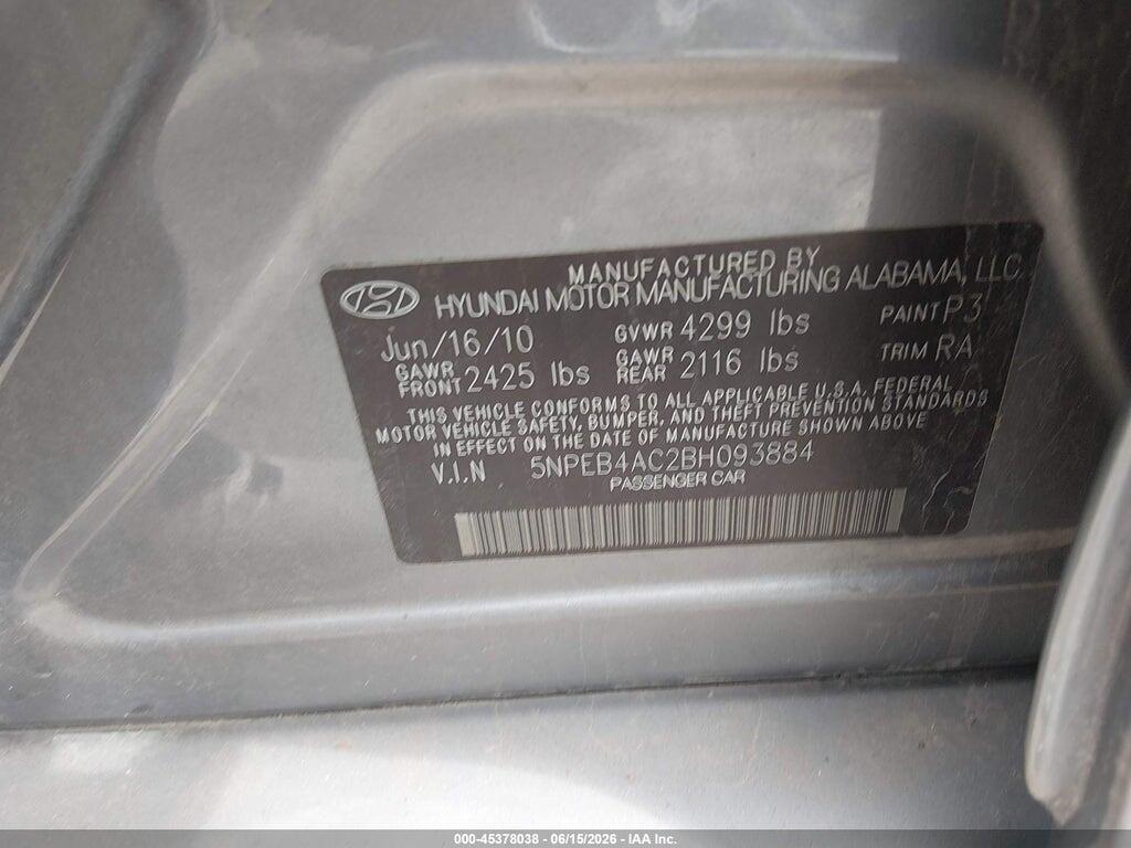 5NPEB4AC2BH093884 2011 HYUNDAI SONATA photo no. 9