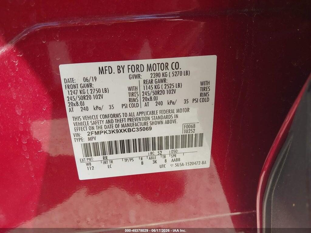 2FMPK3K9XKBC35069 2019 FORD EDGE photo no. 9