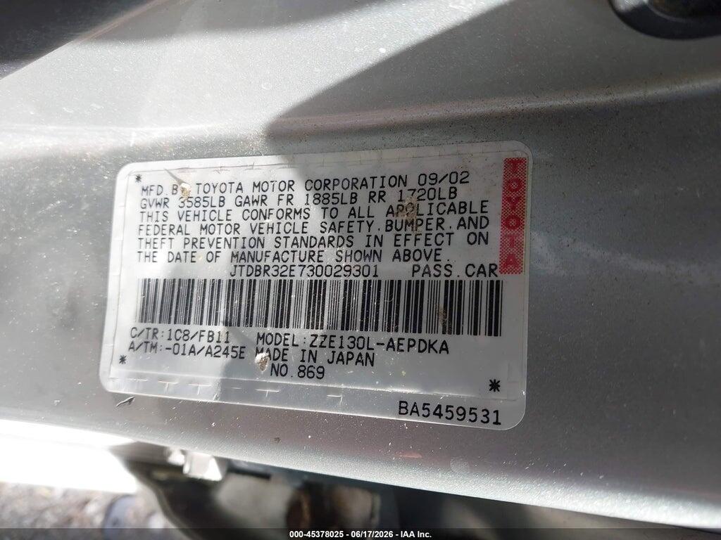 JTDBR32E730029301 2003 TOYOTA COROLLA photo no. 9