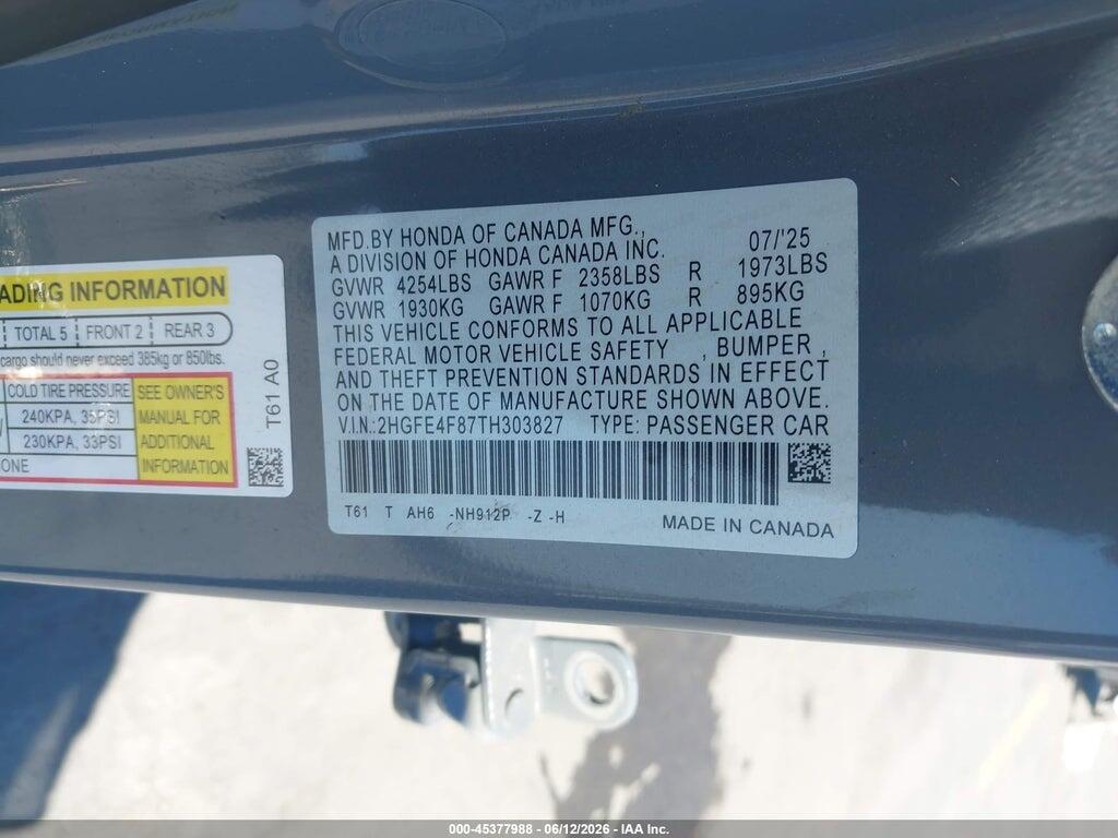2HGFE4F87TH303827 2026 HONDA CIVIC HYBRID photo no. 9