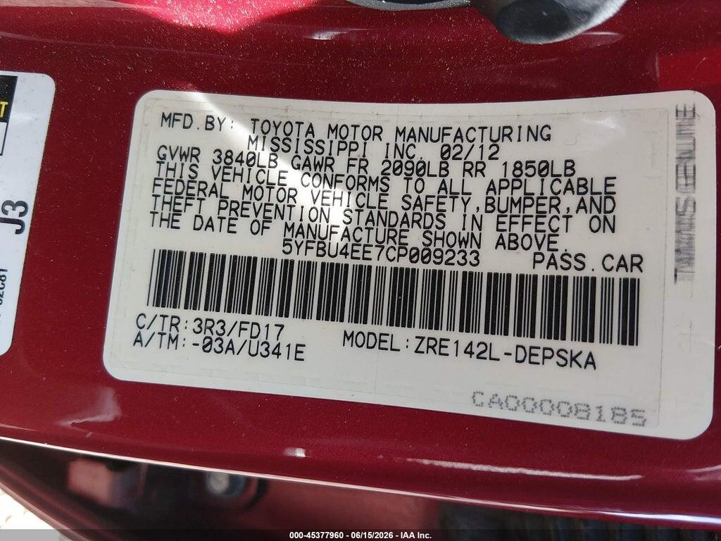 5YFBU4EE7CP009233 2012 TOYOTA COROLLA photo no. 9