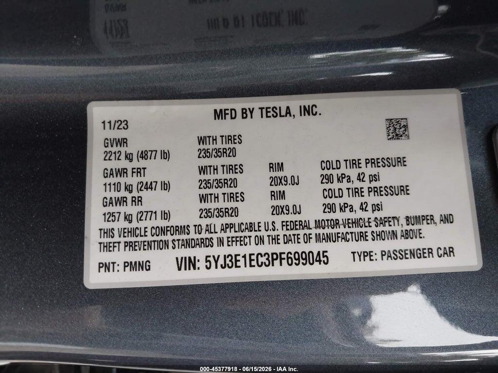 5YJ3E1EC3PF699045 2023 TESLA MODEL 3 photo no. 9