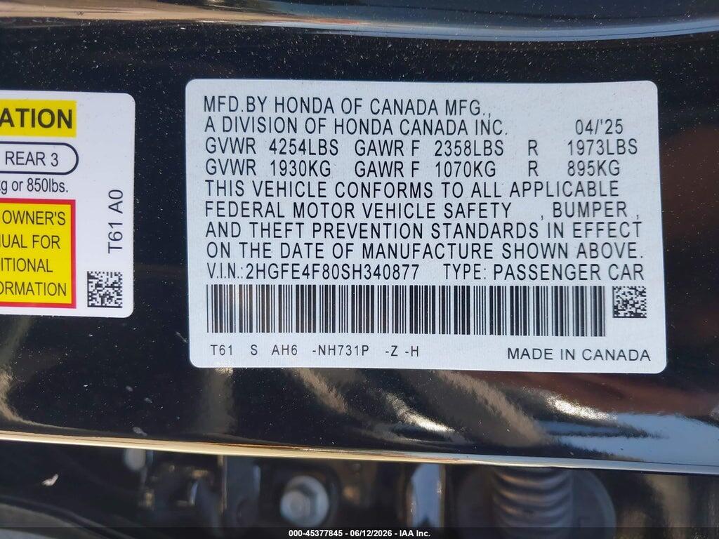 2HGFE4F80SH340877 2025 HONDA CIVIC HYBRID photo no. 9