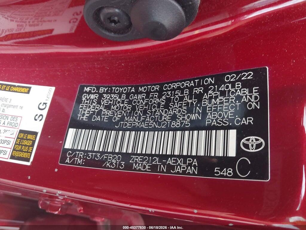 JTDEPMAE5NJ218875 2022 TOYOTA COROLLA photo no. 9