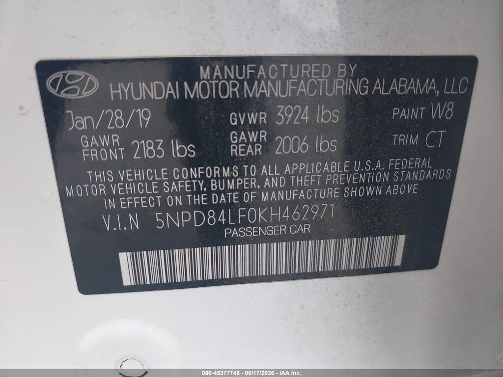 5NPD84LF0KH462971 2019 HYUNDAI ELANTRA photo no. 9
