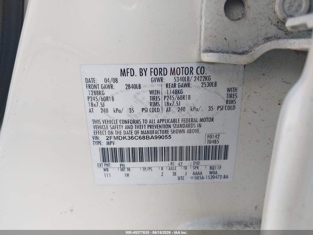 2FMDK36C68BA99055 2008 FORD EDGE photo no. 9