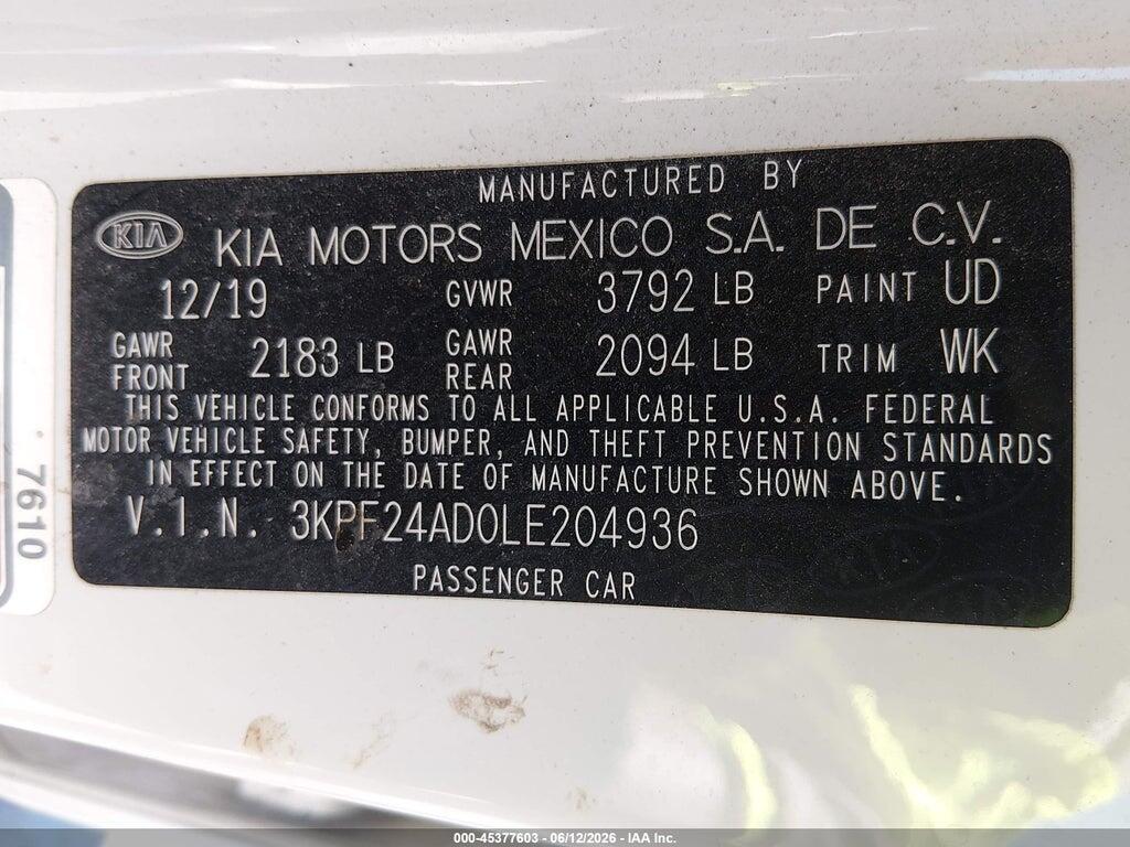 3KPF24AD0LE204936 2020 KIA FORTE photo no. 9