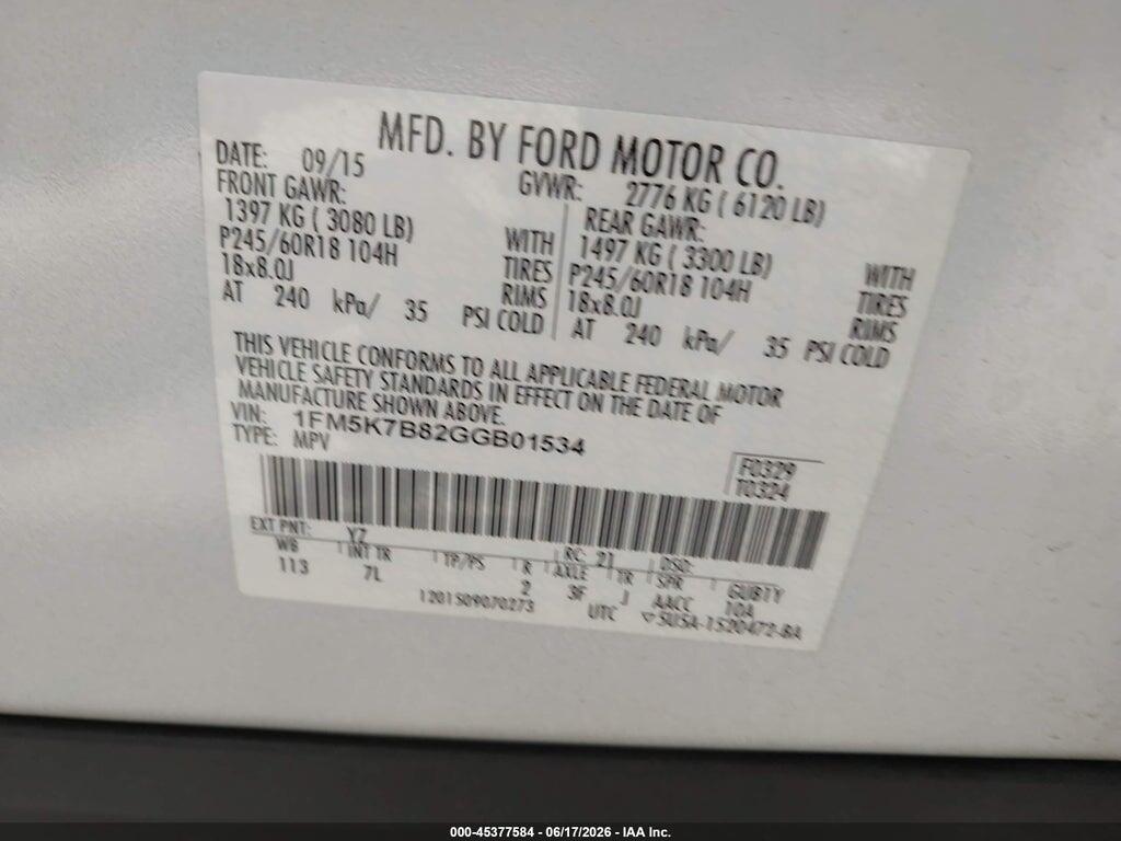 1FM5K7B82GGB01534 2016 FORD EXPLORER photo no. 9