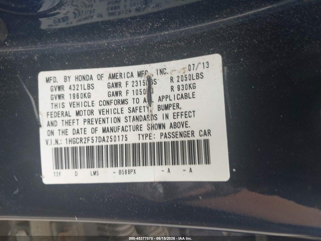 1HGCR2F57DA250175 2013 HONDA ACCORD photo no. 9