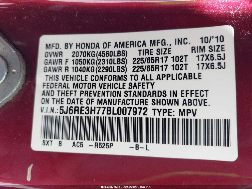 5J6RE3H77BL007972 2011 HONDA CR-V photo no. 9