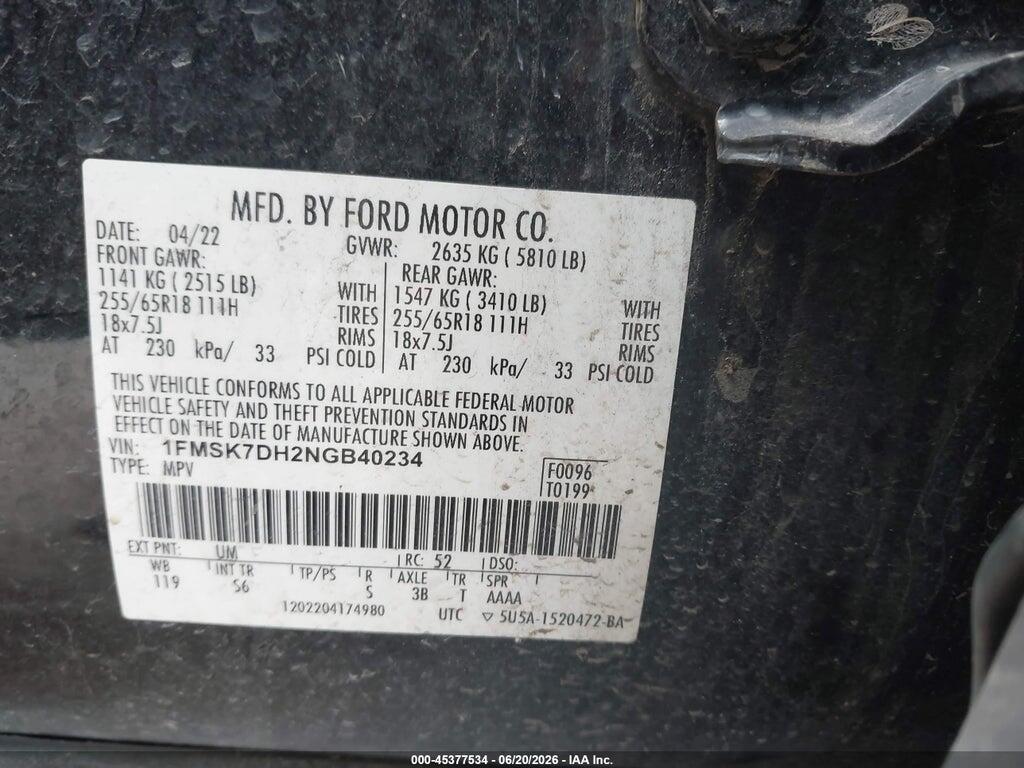 1FMSK7DH2NGB40234 2022 FORD EXPLORER photo no. 9