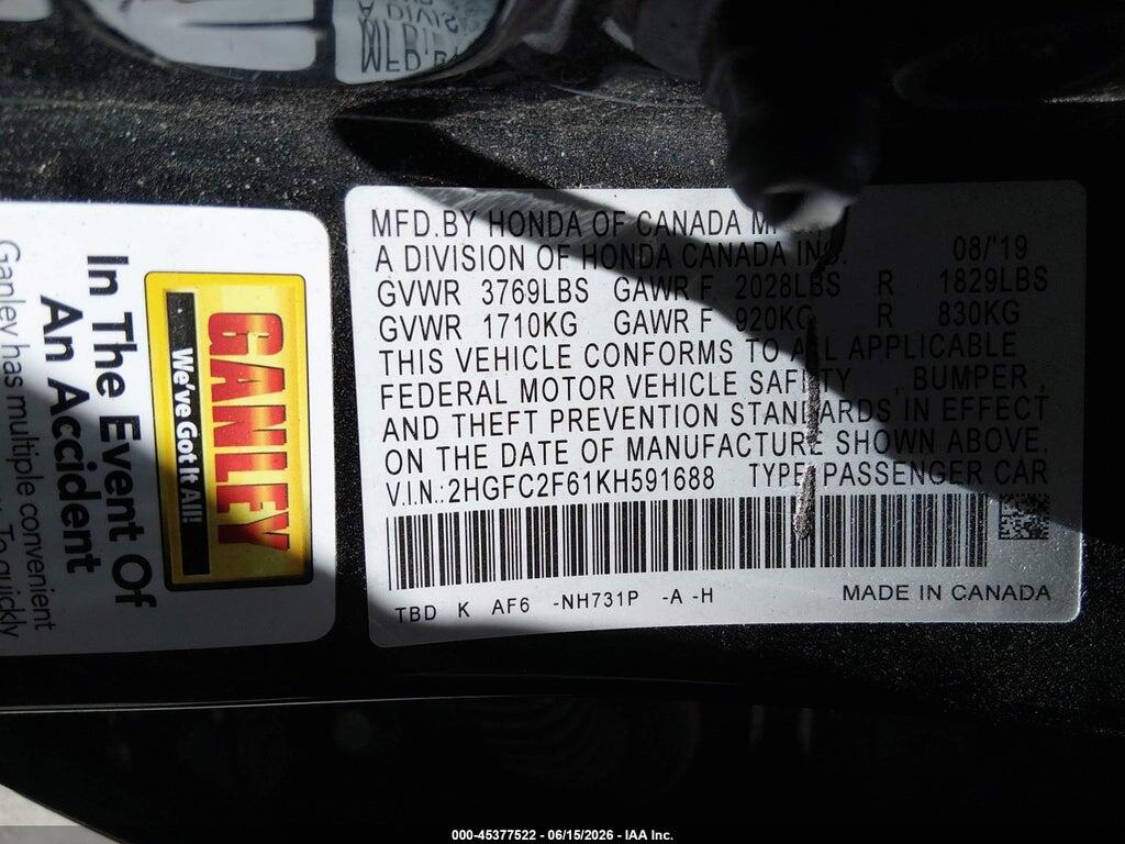 2HGFC2F61KH591688 2019 HONDA CIVIC photo no. 9