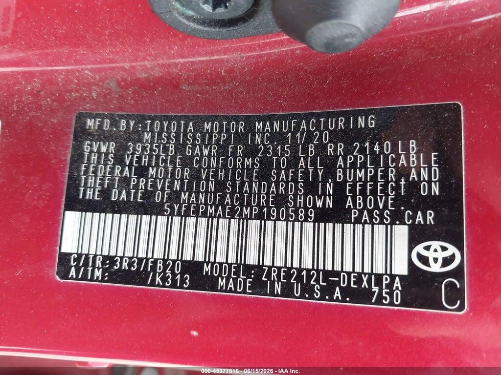 5YFEPMAE2MP190589 2021 TOYOTA COROLLA photo no. 9
