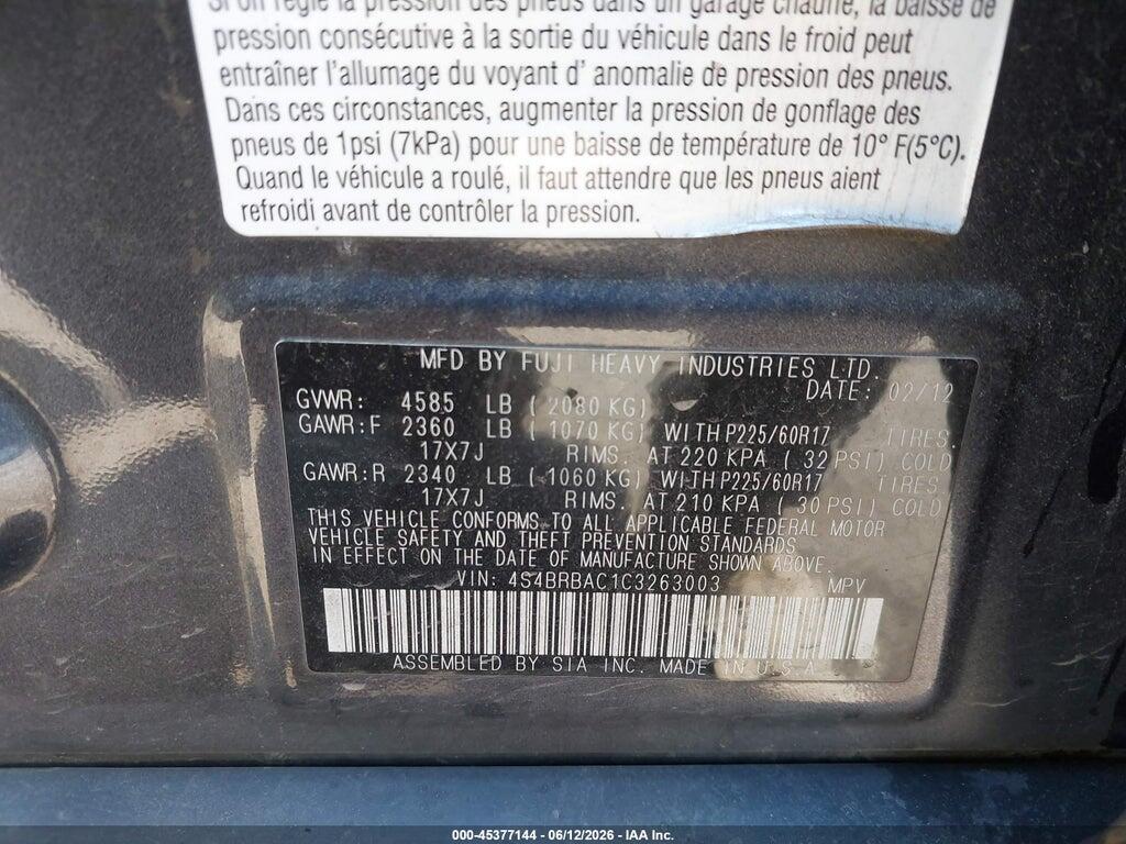 4S4BRBAC1C3263003 2012 SUBARU OUTBACK photo no. 9