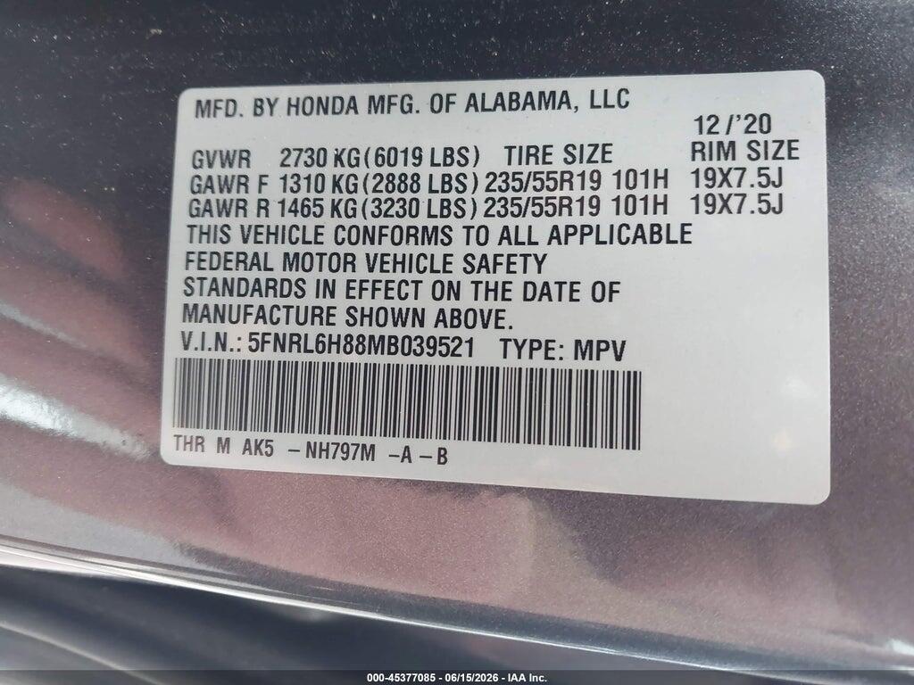 5FNRL6H88MB039521 2021 HONDA ODYSSEY photo no. 9