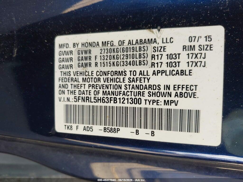 5FNRL5H63FB121300 2015 HONDA ODYSSEY photo no. 9