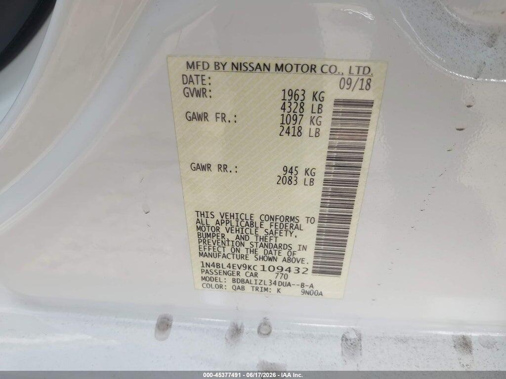 1N4BL4EV9KC109432 2019 NISSAN ALTIMA photo no. 9