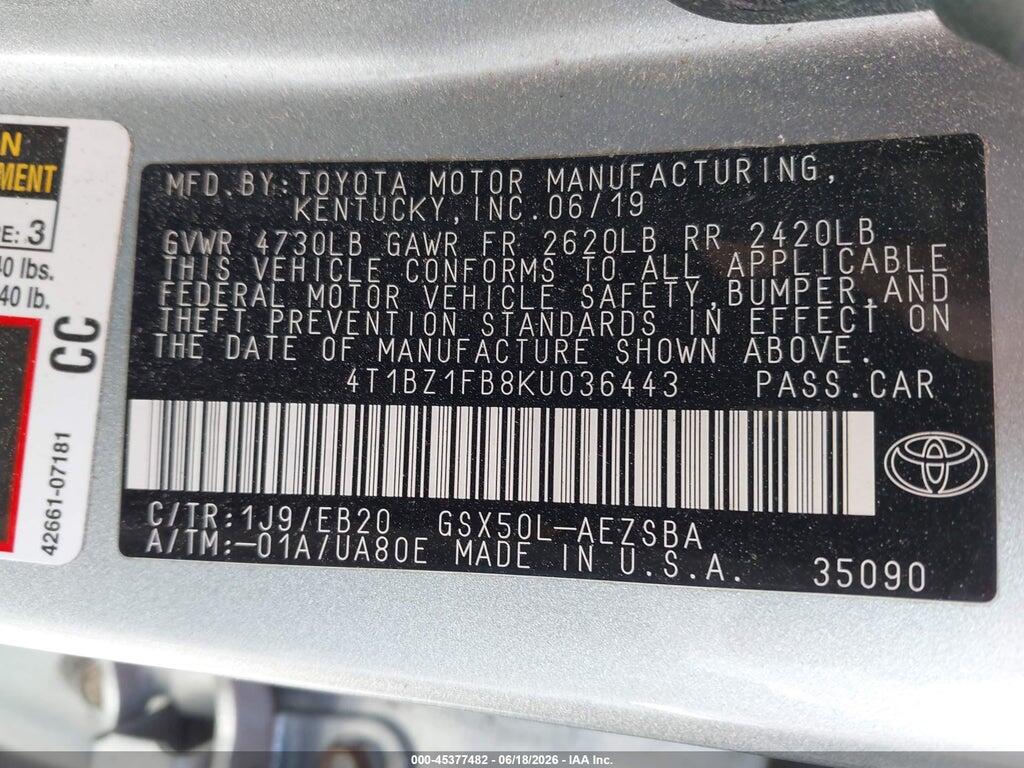 4T1BZ1FB8KU036443 2019 TOYOTA AVALON photo no. 9