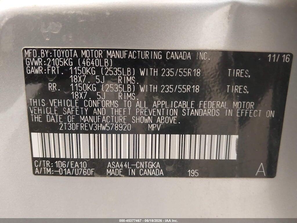 2T3DFREV3HW578920 2017 TOYOTA RAV4 photo no. 9