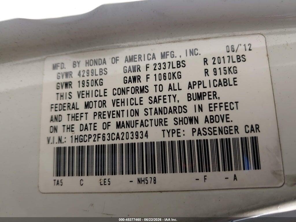 1HGCP2F63CA203934 2012 HONDA ACCORD photo no. 9