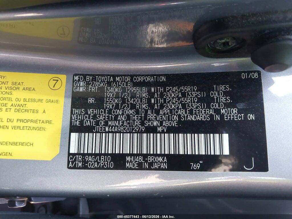 JTEEW44A982012979 2008 TOYOTA HIGHLANDER HYBRID photo no. 9