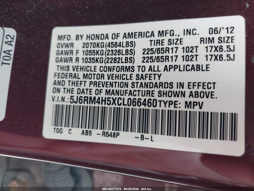 5J6RM4H5XCL066460 2012 HONDA CR-V photo no. 9