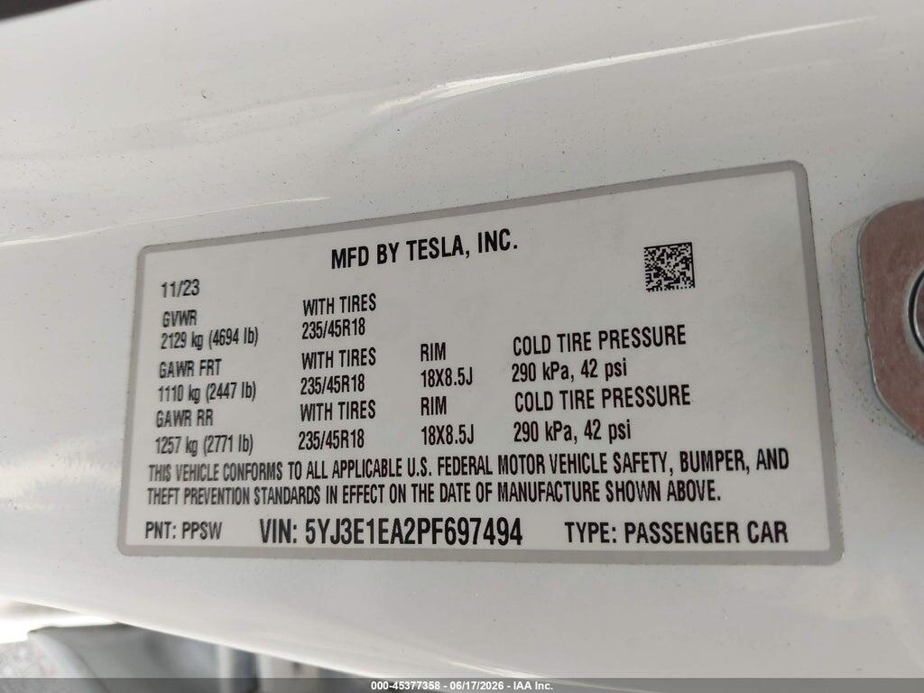5YJ3E1EA2PF697494 2023 TESLA MODEL 3 photo no. 9