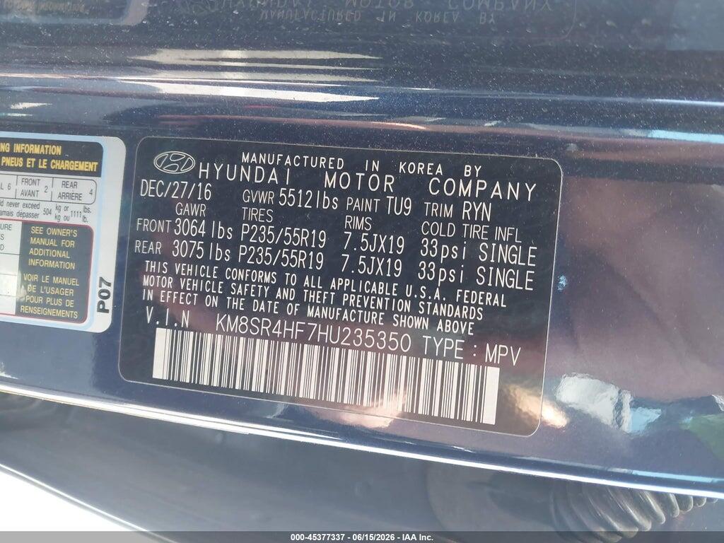 KM8SR4HF7HU235350 2017 HYUNDAI SANTA FE photo no. 9