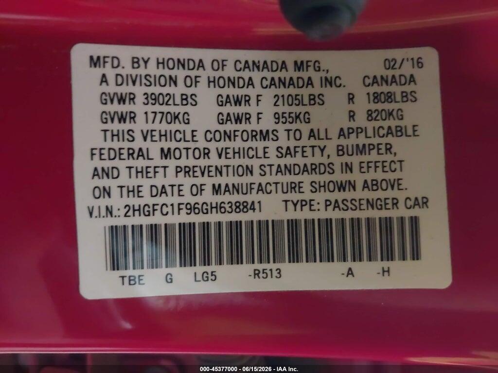 2HGFC1F96GH638841 2016 HONDA CIVIC photo no. 9
