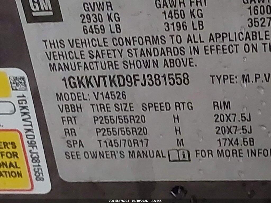 1GKKVTKD9FJ381558 2015 GMC ACADIA photo no. 9