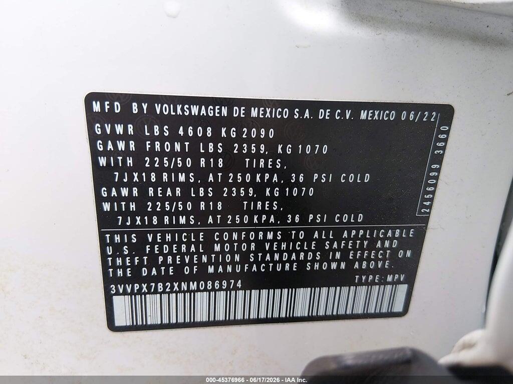3VVPX7B2XNM086974 2022 VOLKSWAGEN TAOS photo no. 9