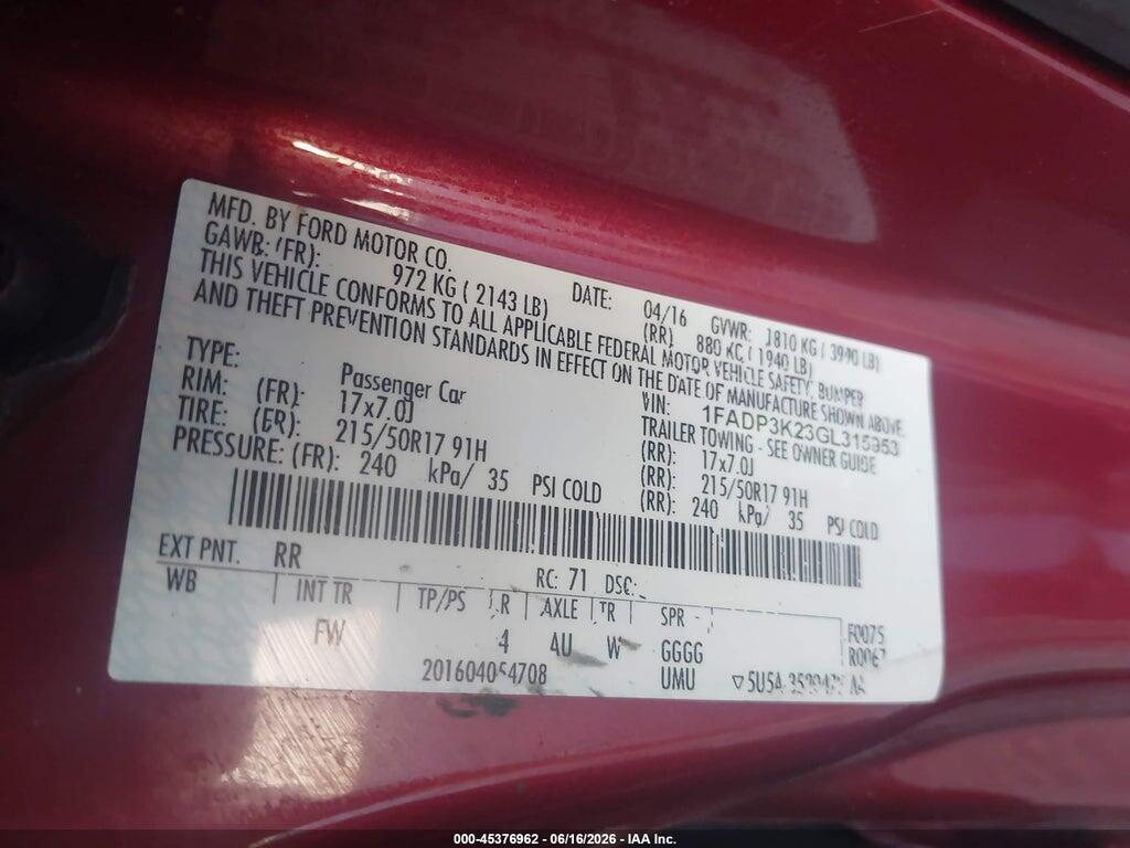 1FADP3K23GL315953 2016 FORD FOCUS photo no. 9