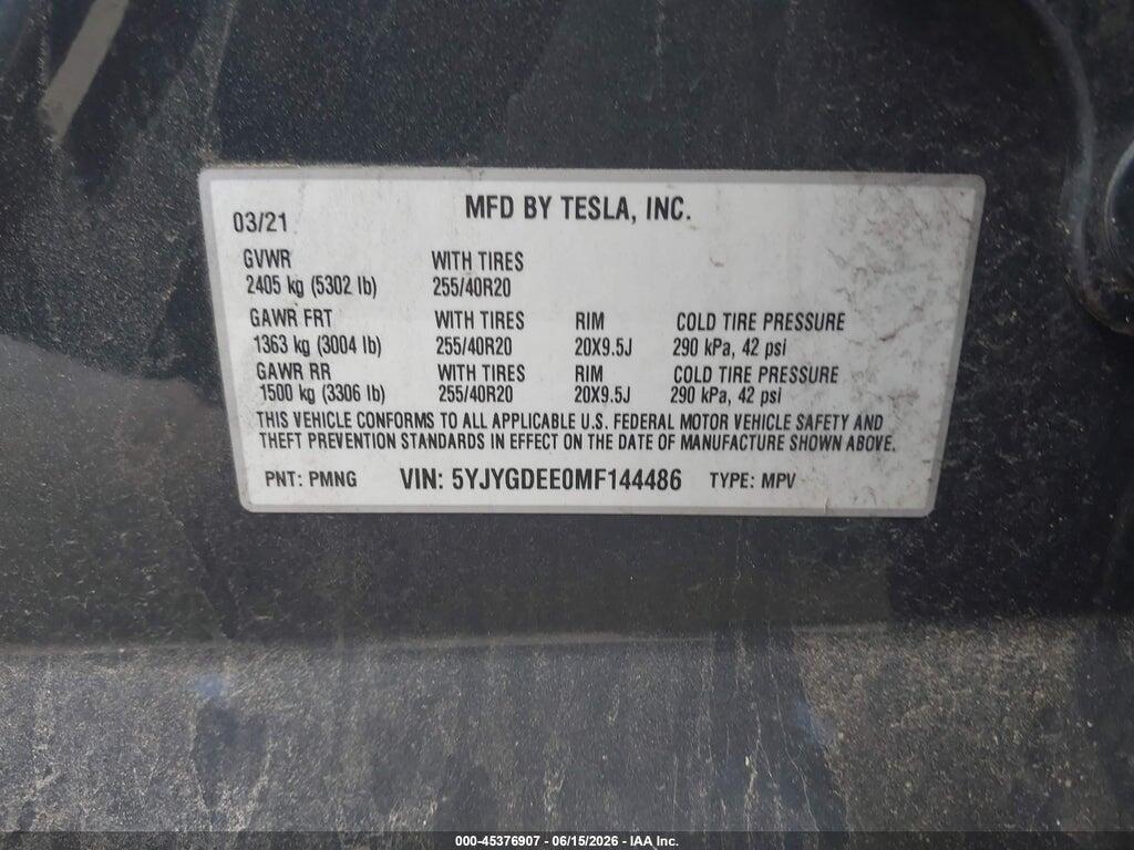 5YJYGDEE0MF144486 2021 TESLA MODEL Y photo no. 9