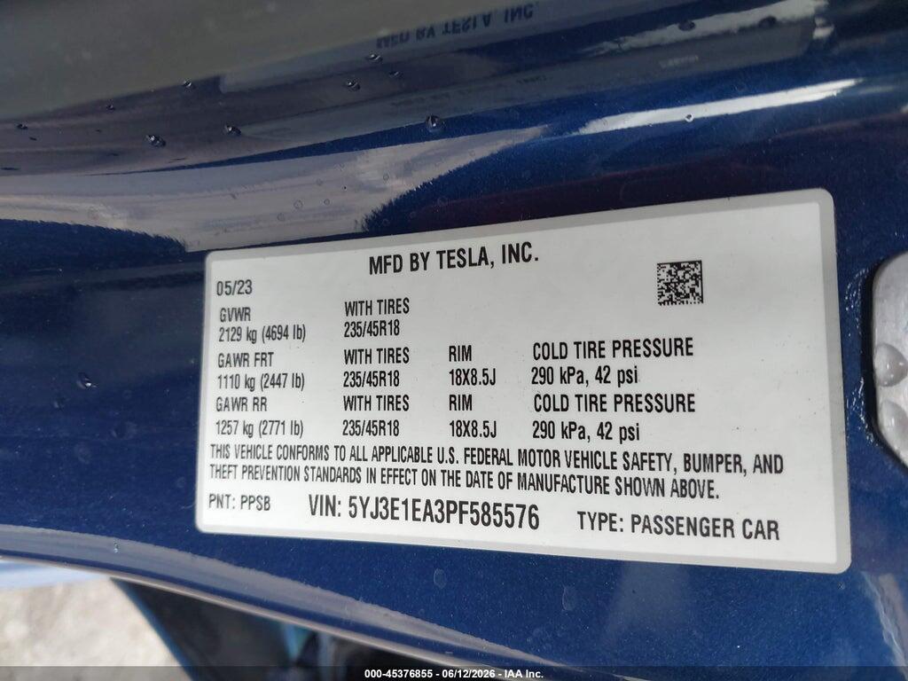 5YJ3E1EA3PF585576 2023 TESLA MODEL 3 photo no. 9