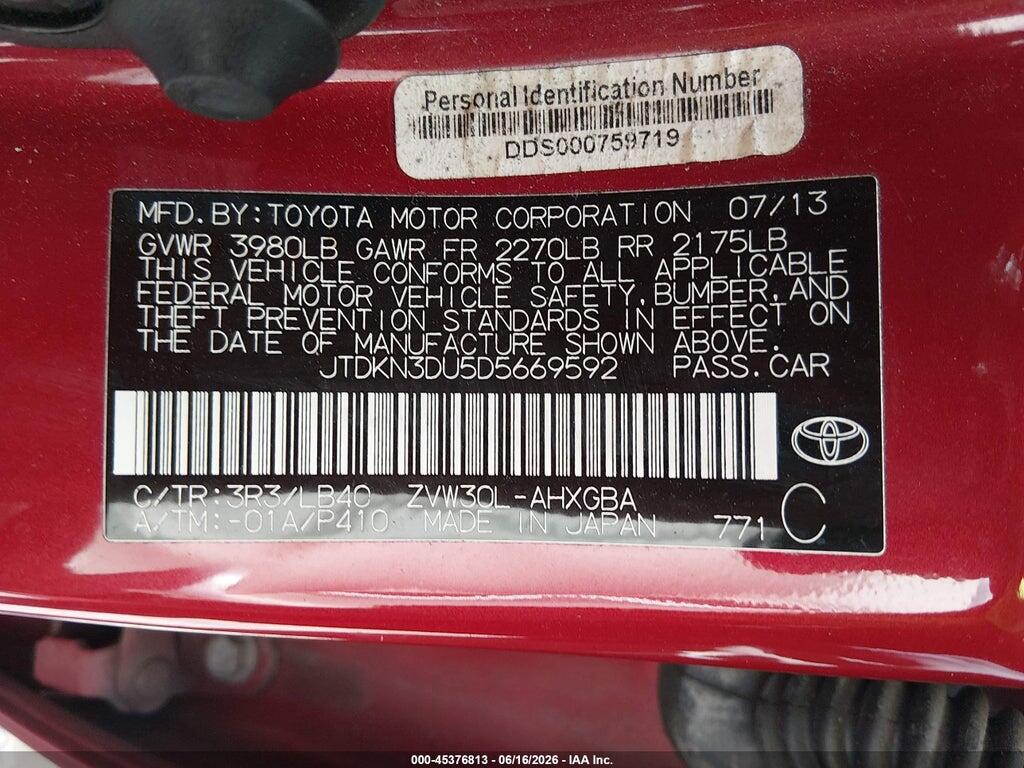 JTDKN3DU5D5669592 2013 TOYOTA PRIUS photo no. 9