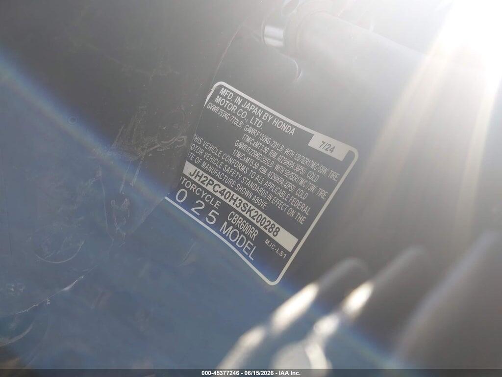 JH2PC40H3SK200288 2025 HONDA CBR600 photo no. 10