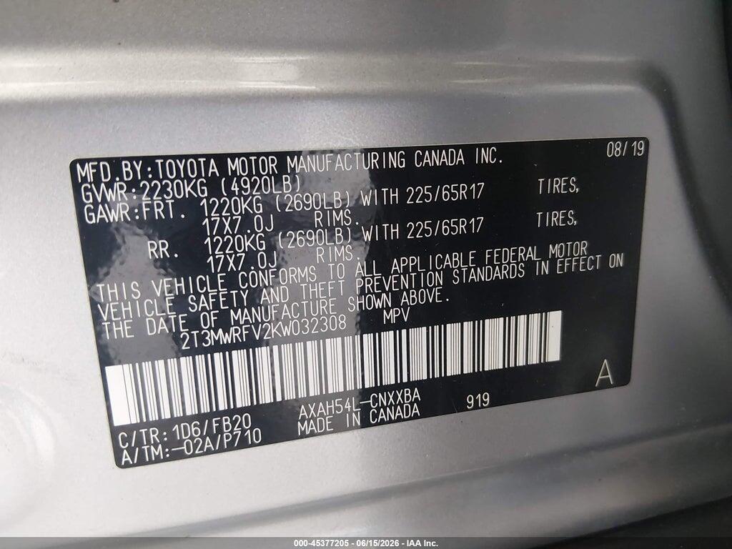 2T3MWRFV2KW032308 2019 TOYOTA RAV4 HYBRID photo no. 9