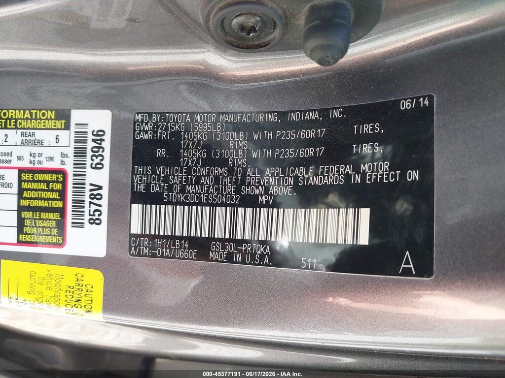 5TDYK3DC1ES504032 2014 TOYOTA SIENNA photo no. 9