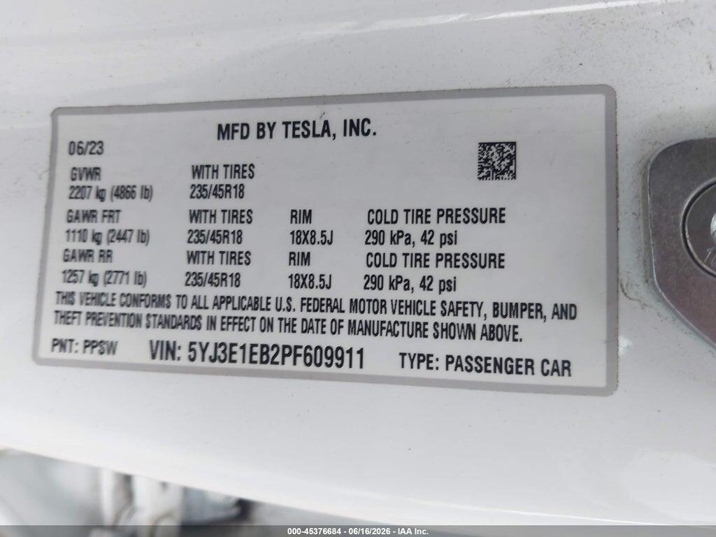 5YJ3E1EB2PF609911 2023 TESLA MODEL 3 photo no. 9