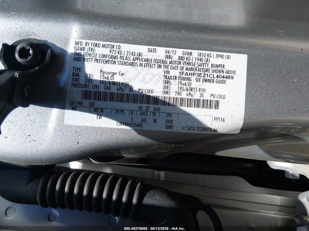 1FAHP3E21CL404489 2012 FORD FOCUS photo no. 9