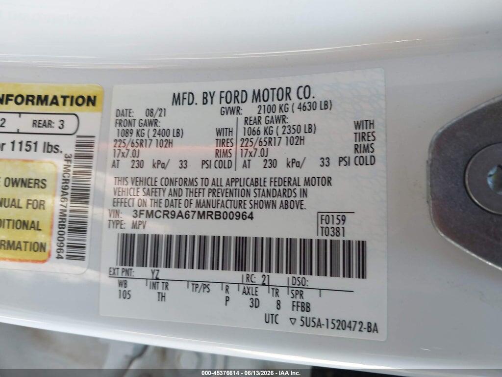 3FMCR9A67MRB00964 2021 FORD BRONCO SPORT photo no. 9