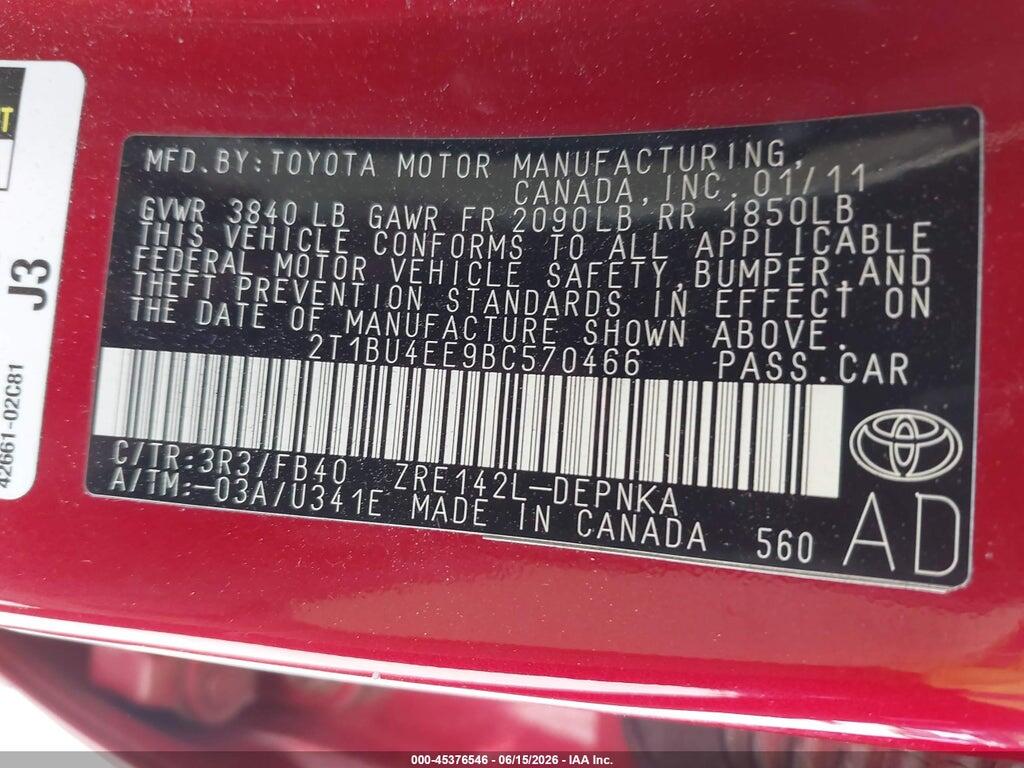 2T1BU4EE9BC570466 2011 TOYOTA COROLLA photo no. 9