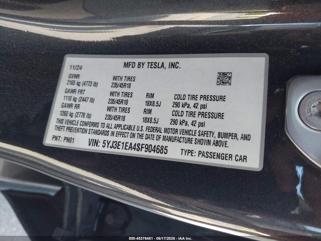 5YJ3E1EA4SF904685 2025 TESLA MODEL 3 photo no. 9