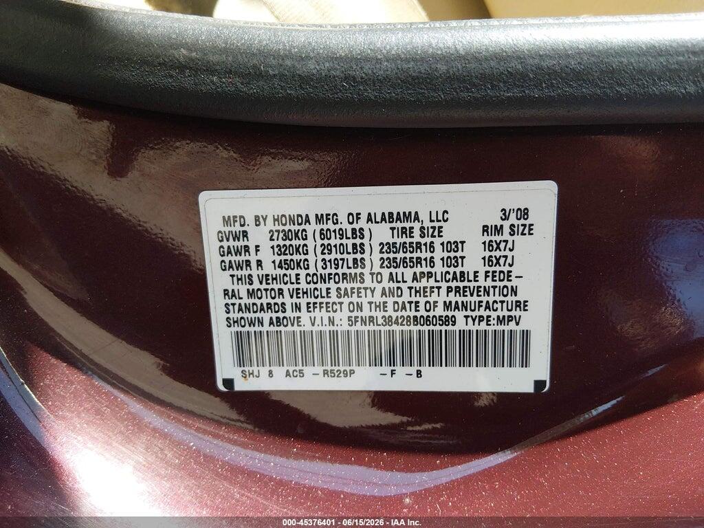 5FNRL38428B060589 2008 HONDA ODYSSEY photo no. 9