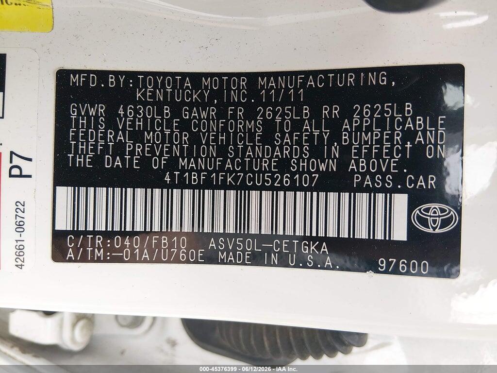 4T1BF1FK7CU526107 2012 TOYOTA CAMRY photo no. 9