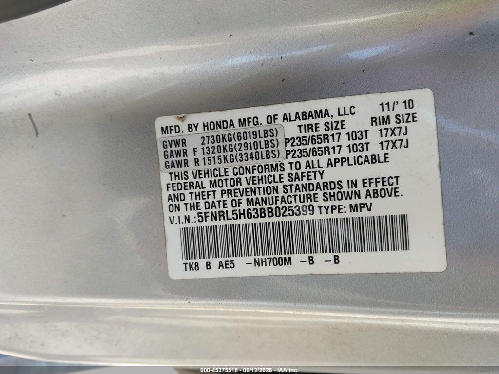5FNRL5H63BB025399 2011 HONDA ODYSSEY photo no. 9