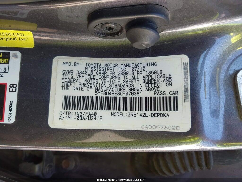 5YFBU4EE8CP070381 2012 TOYOTA COROLLA photo no. 9