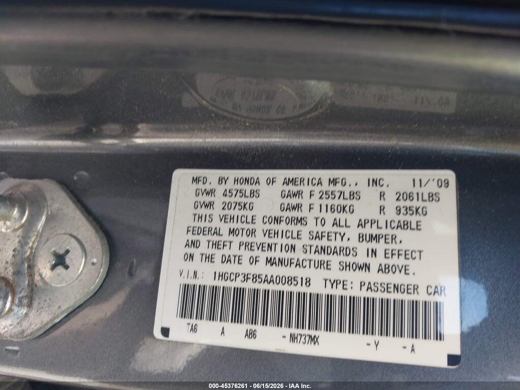 1HGCP3F85AA008518 2010 HONDA ACCORD photo no. 9
